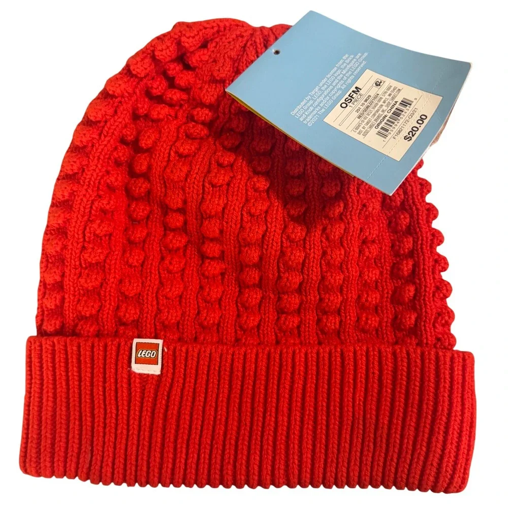 LEGO Target Red Popcorn Knit Beanie Hat Minifigure Head Patch OSFM NWT